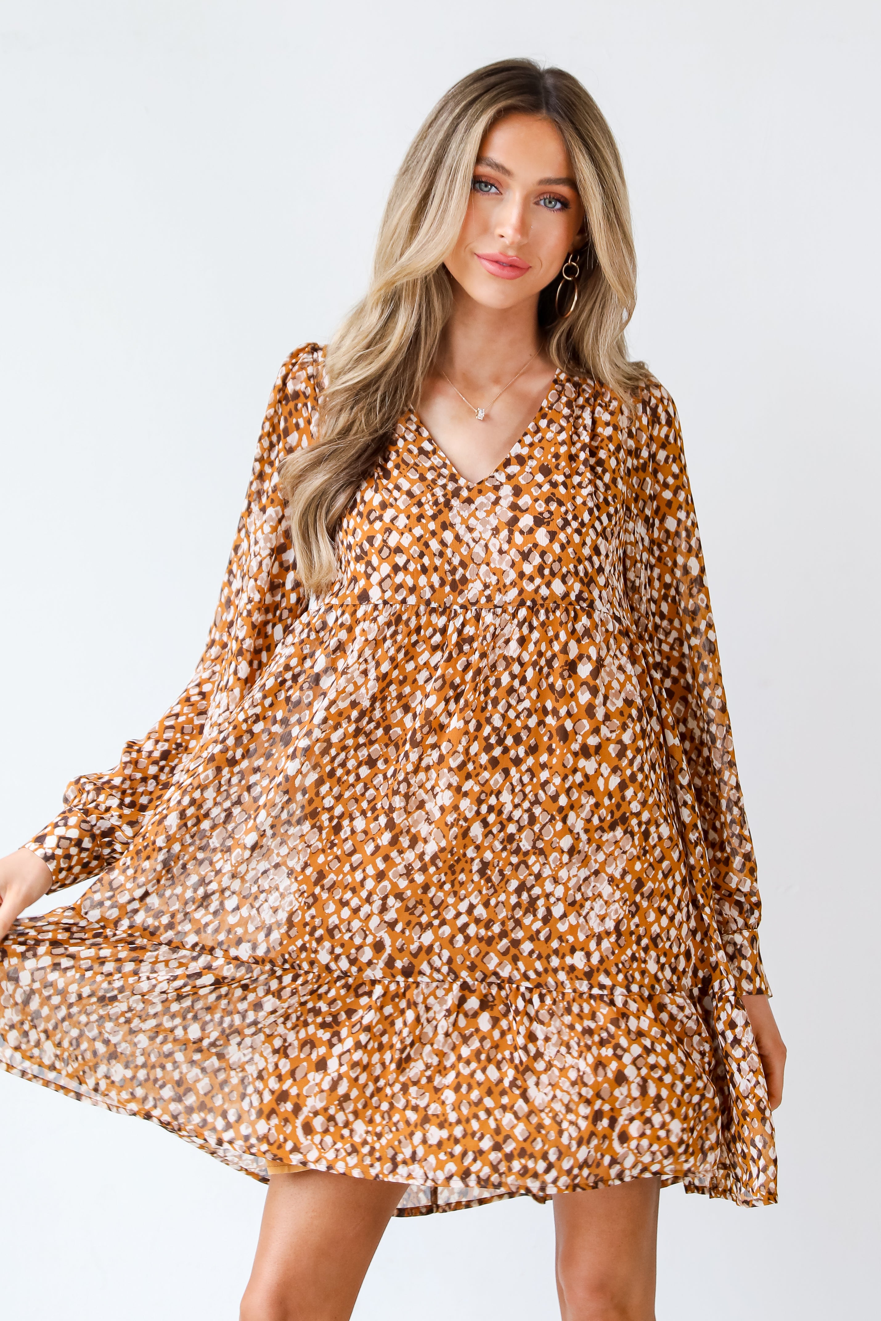 camel Babydoll Mini Dress on model