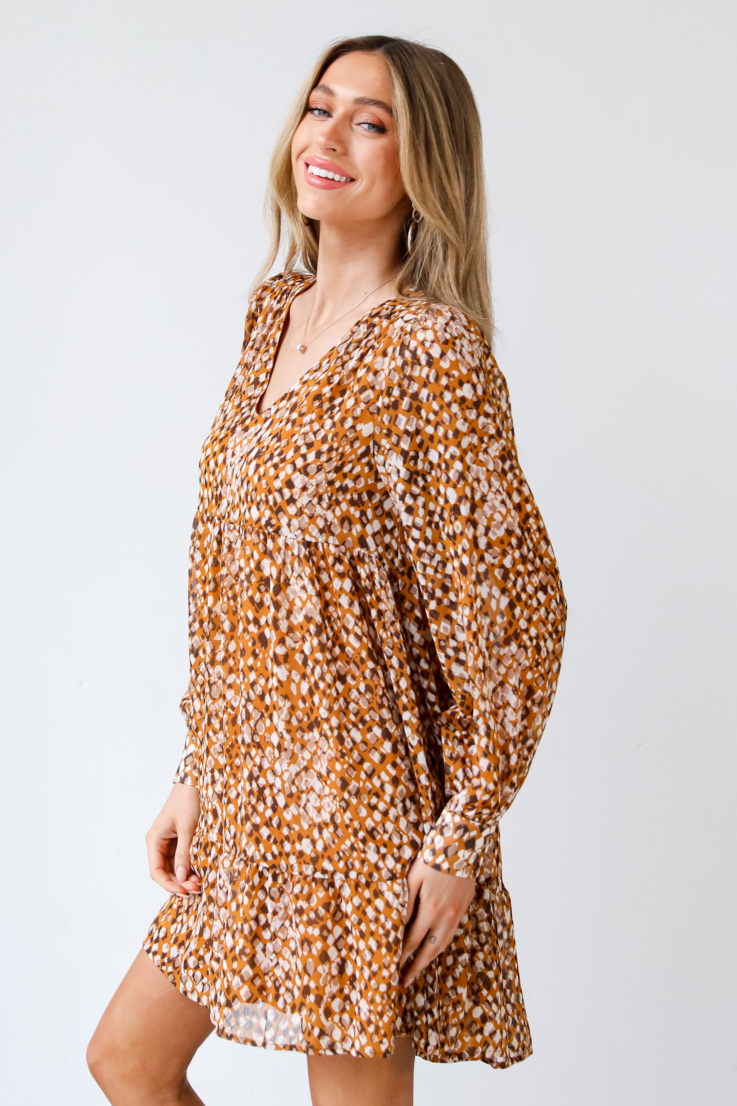 camel Babydoll Mini Dress side view