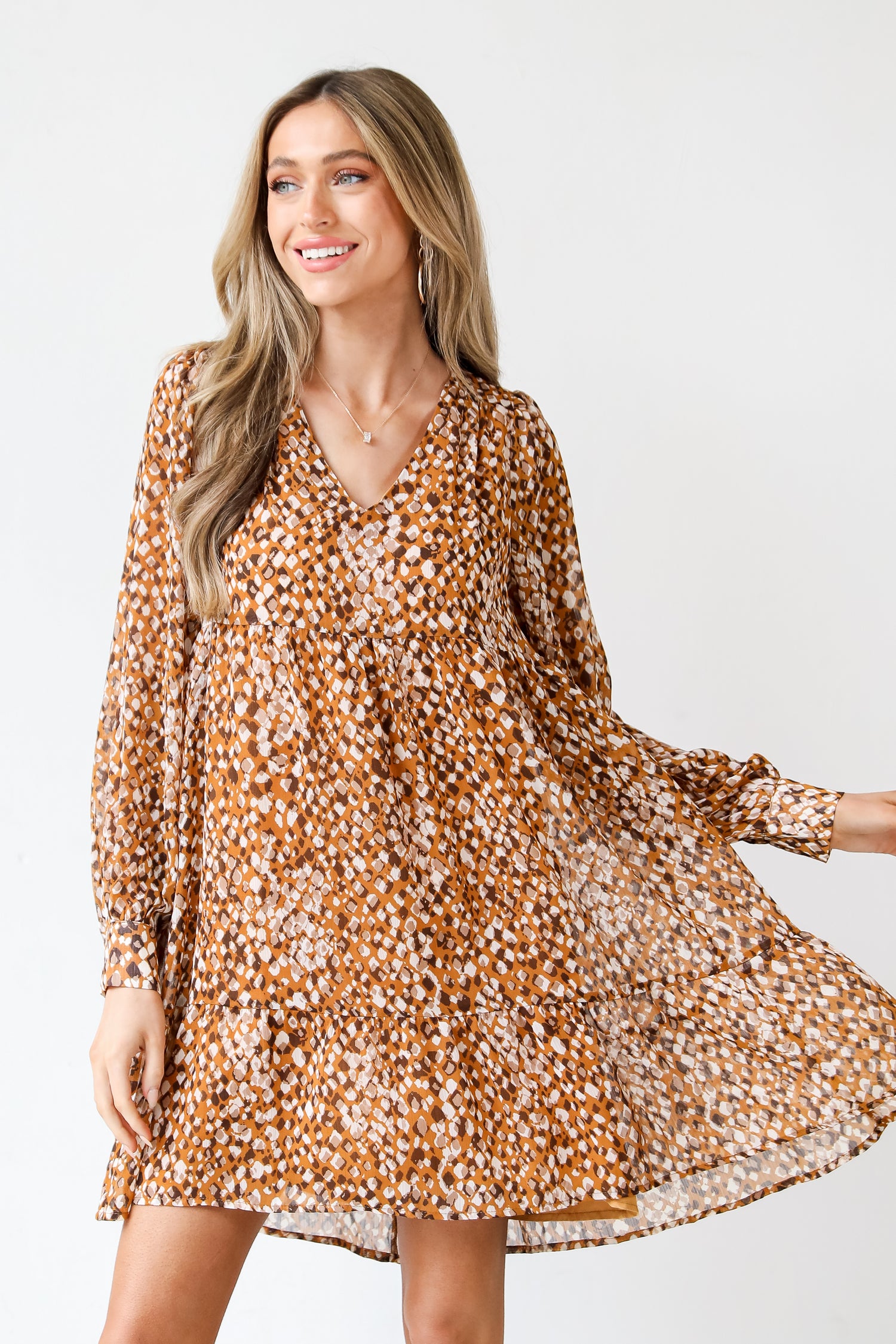 camel Babydoll Mini Dress close up