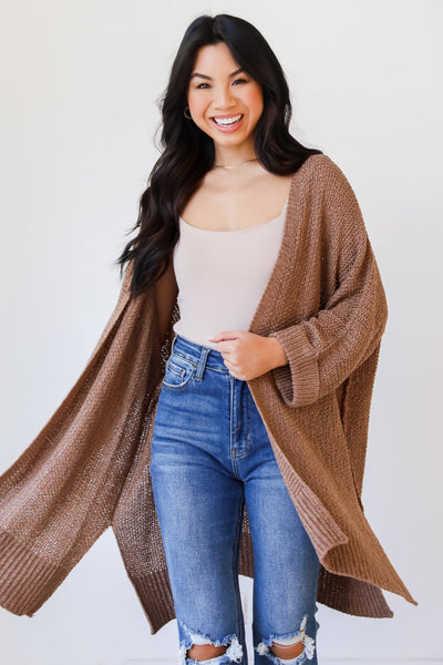 brown loose knit Cardigan on model