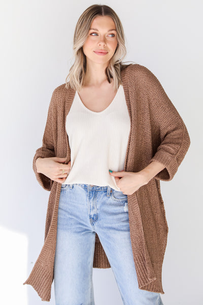 brown loose knit Cardigan front view