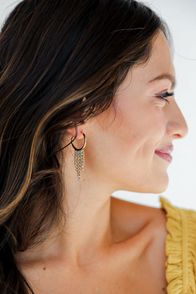 Gold Rhinestone Chain Hoop Earrings on model