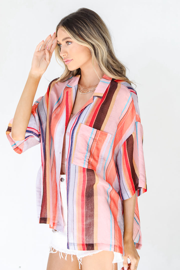 Striped Button-Up Blouse in coral side view