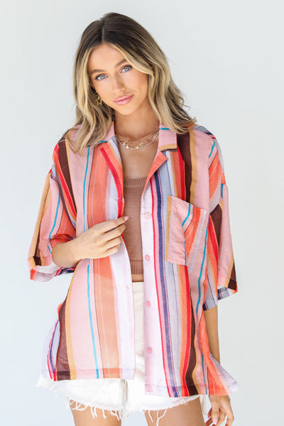 Striped Button-Up Blouse in coral
