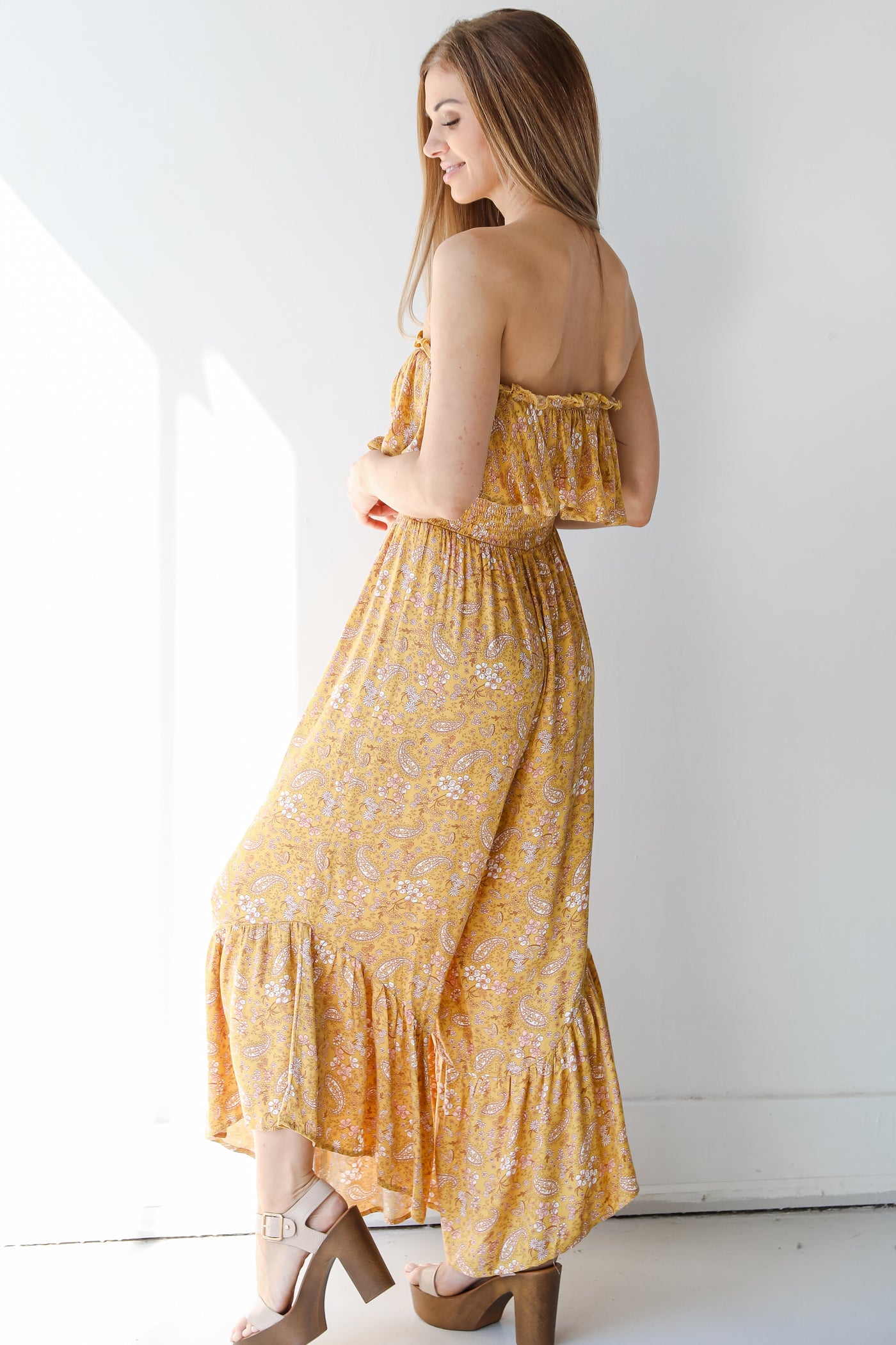 yellow floral jumpsuit side view