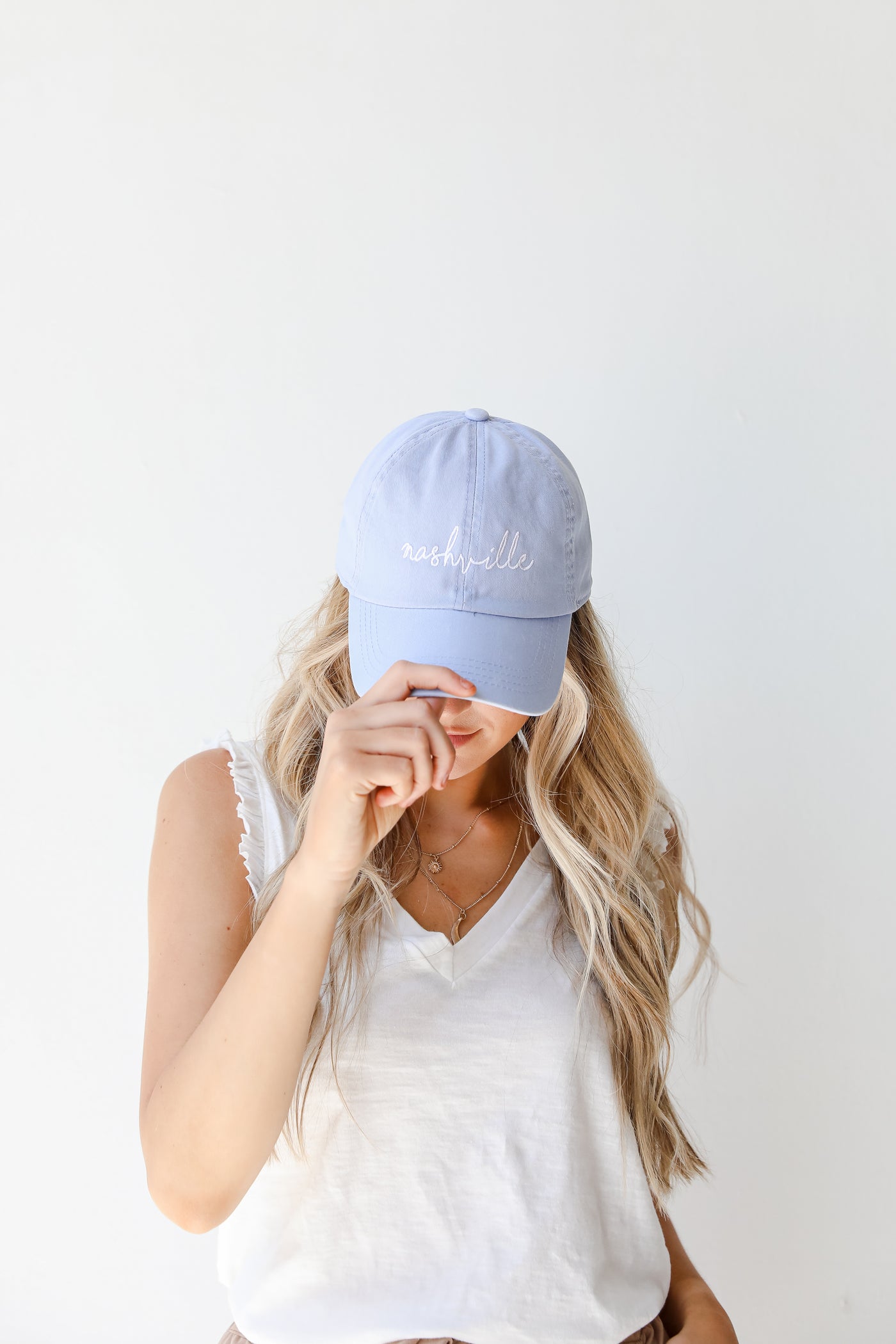 Nashville Embroidered Hat in light blue on model
