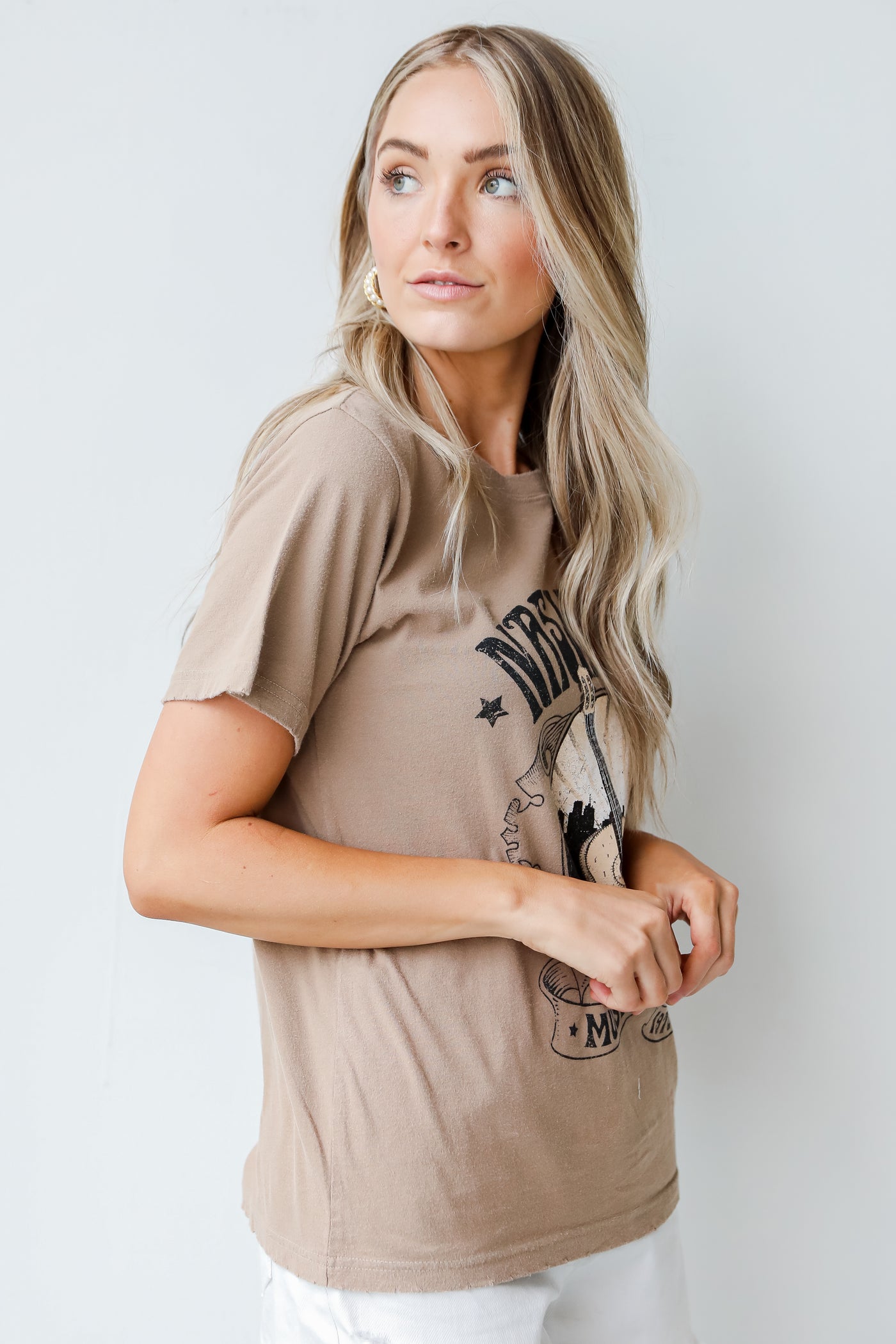 Nashville Vintage Graphic Tee in taupe side view