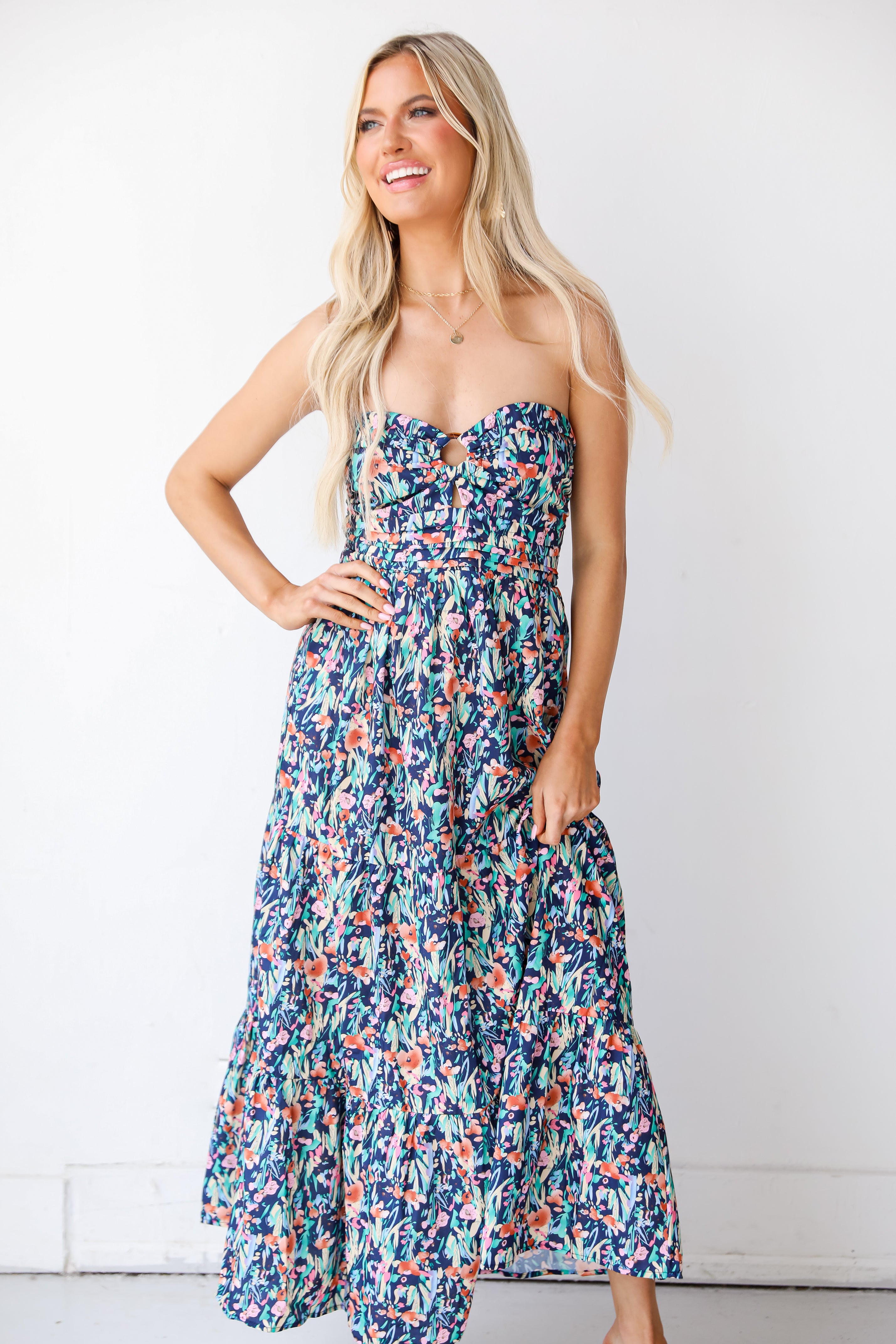 tropical Strapless Maxi Dress front view