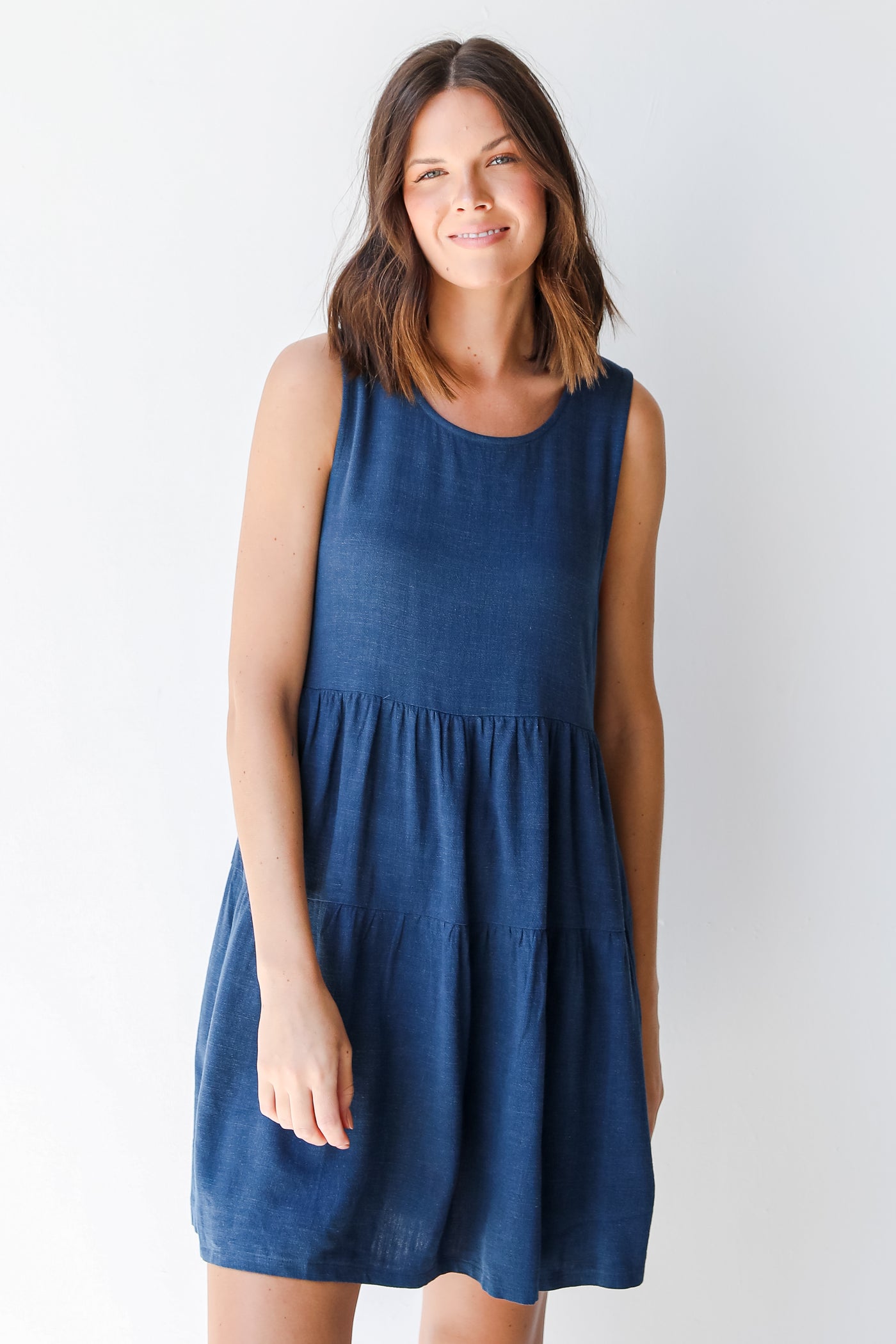Linen Tiered Mini Dress in navy front view