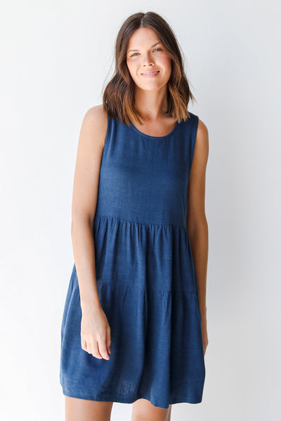Linen Tiered Mini Dress in navy front view