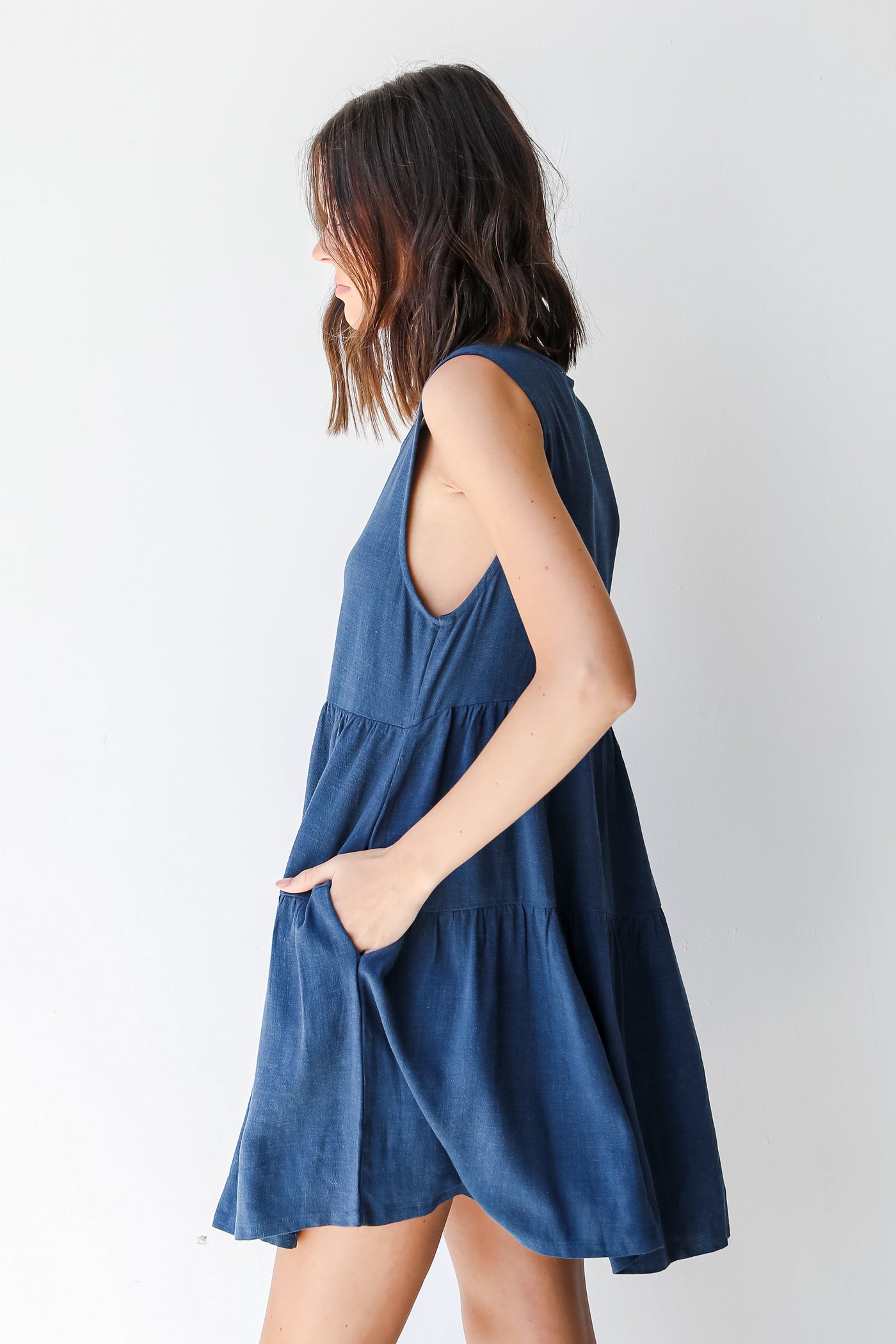 Linen Tiered Mini Dress in navy side view