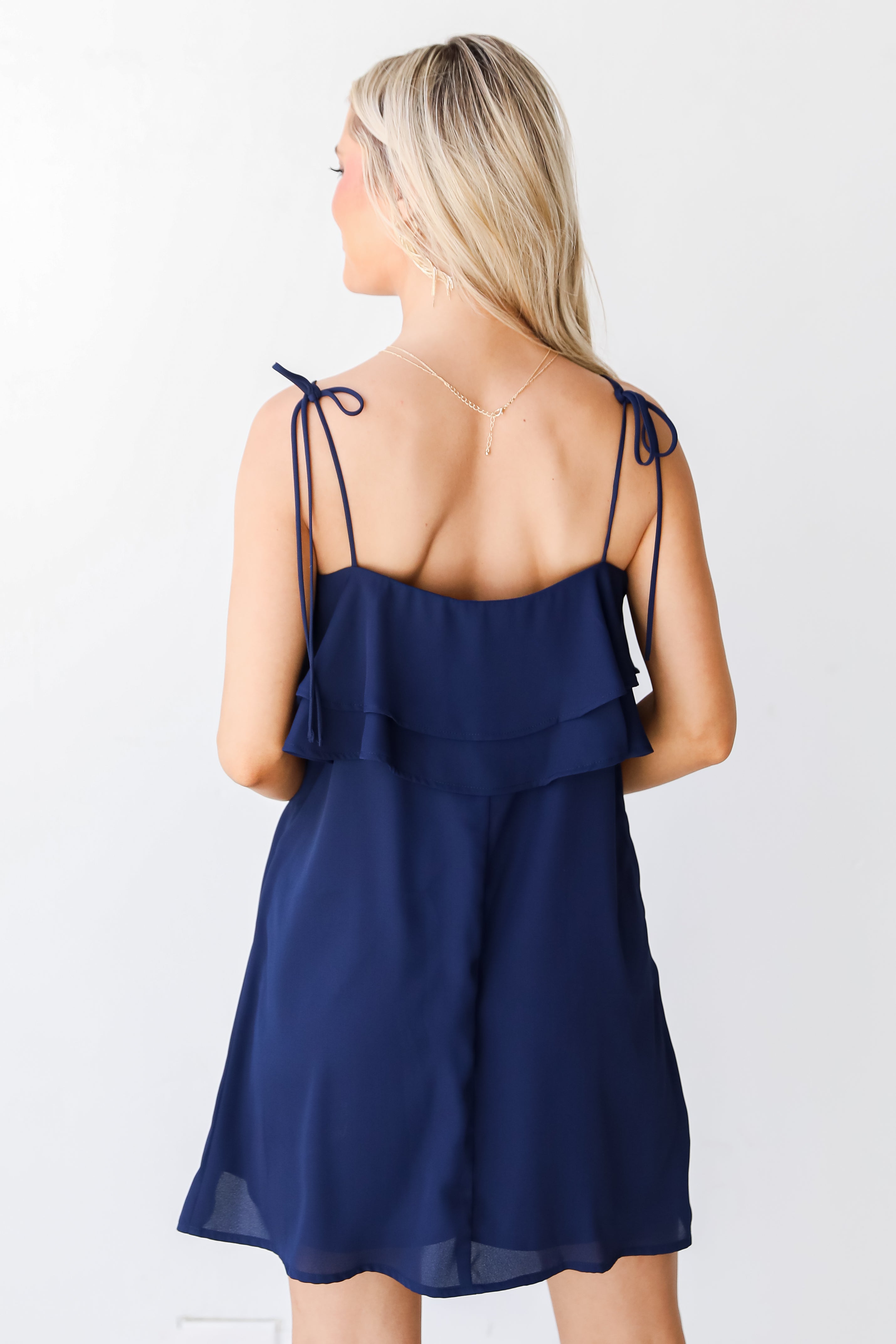 navy Ruffle Mini Dress back view