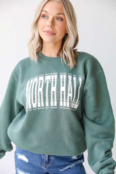 Green North Hall Pullover. Graphic Sweatshirt. North Hall Sweatshirt. 