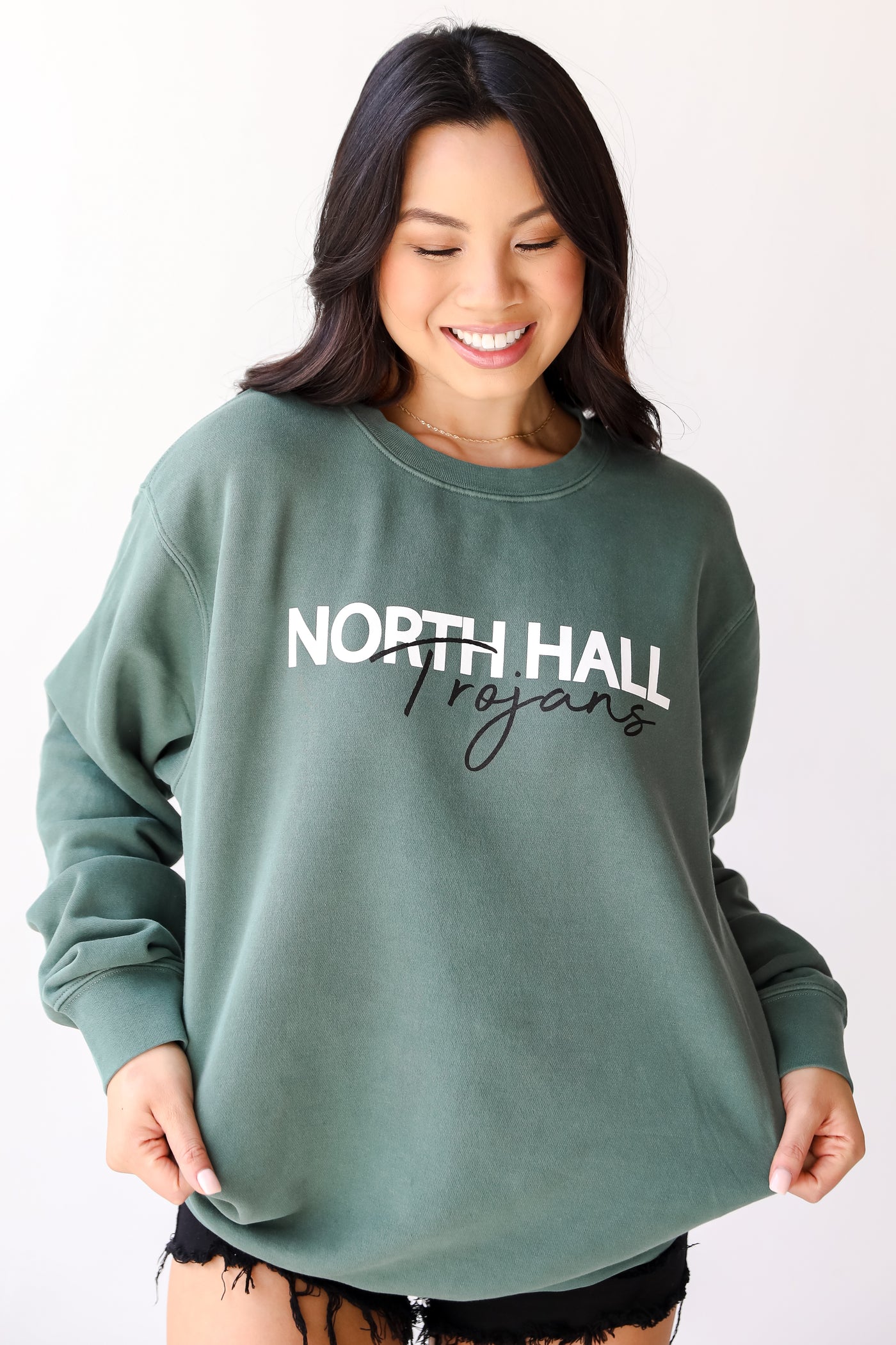 Green North Hall Trojans Pullover front view