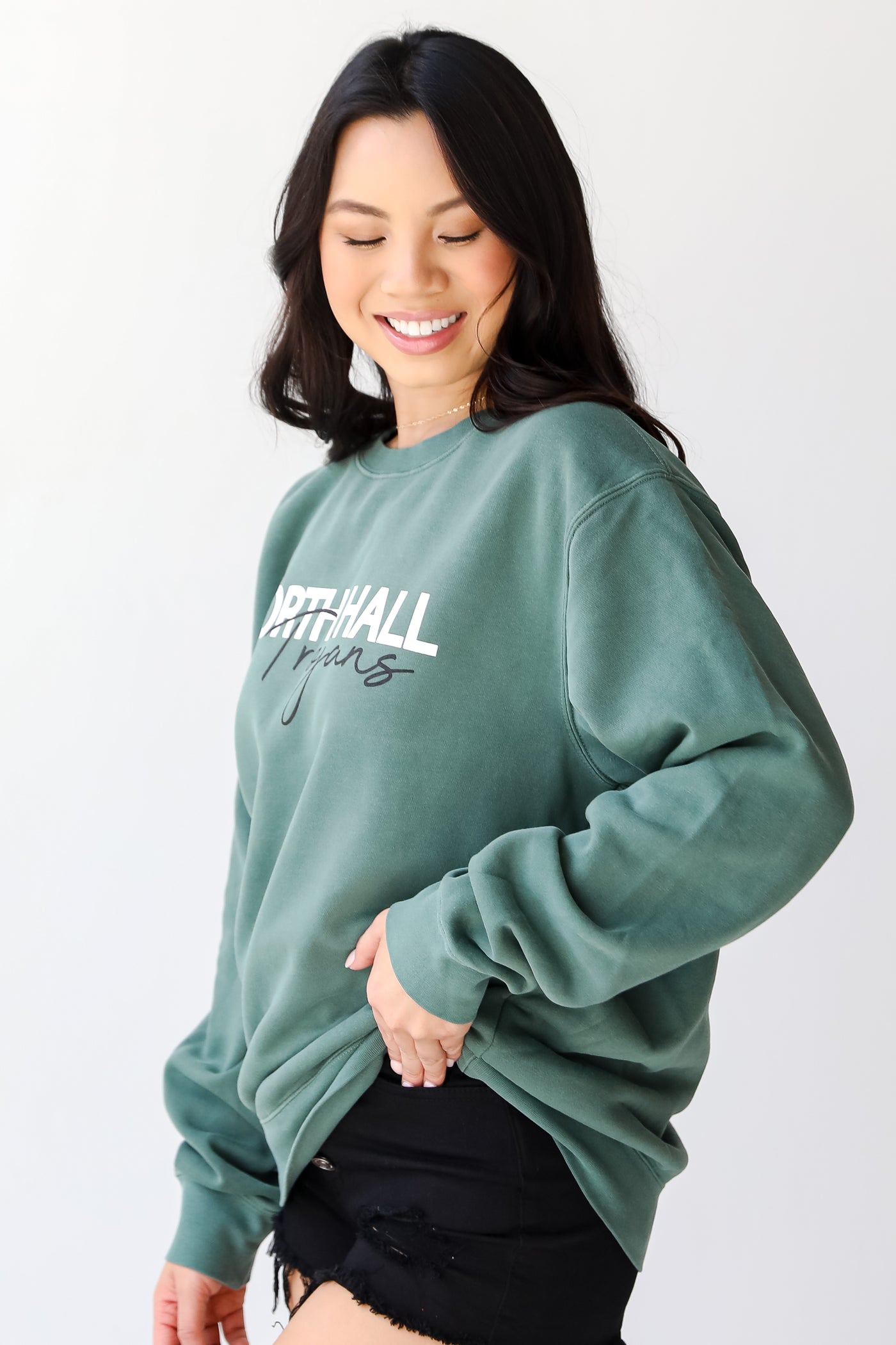 Green North Hall Trojans Pullover side view