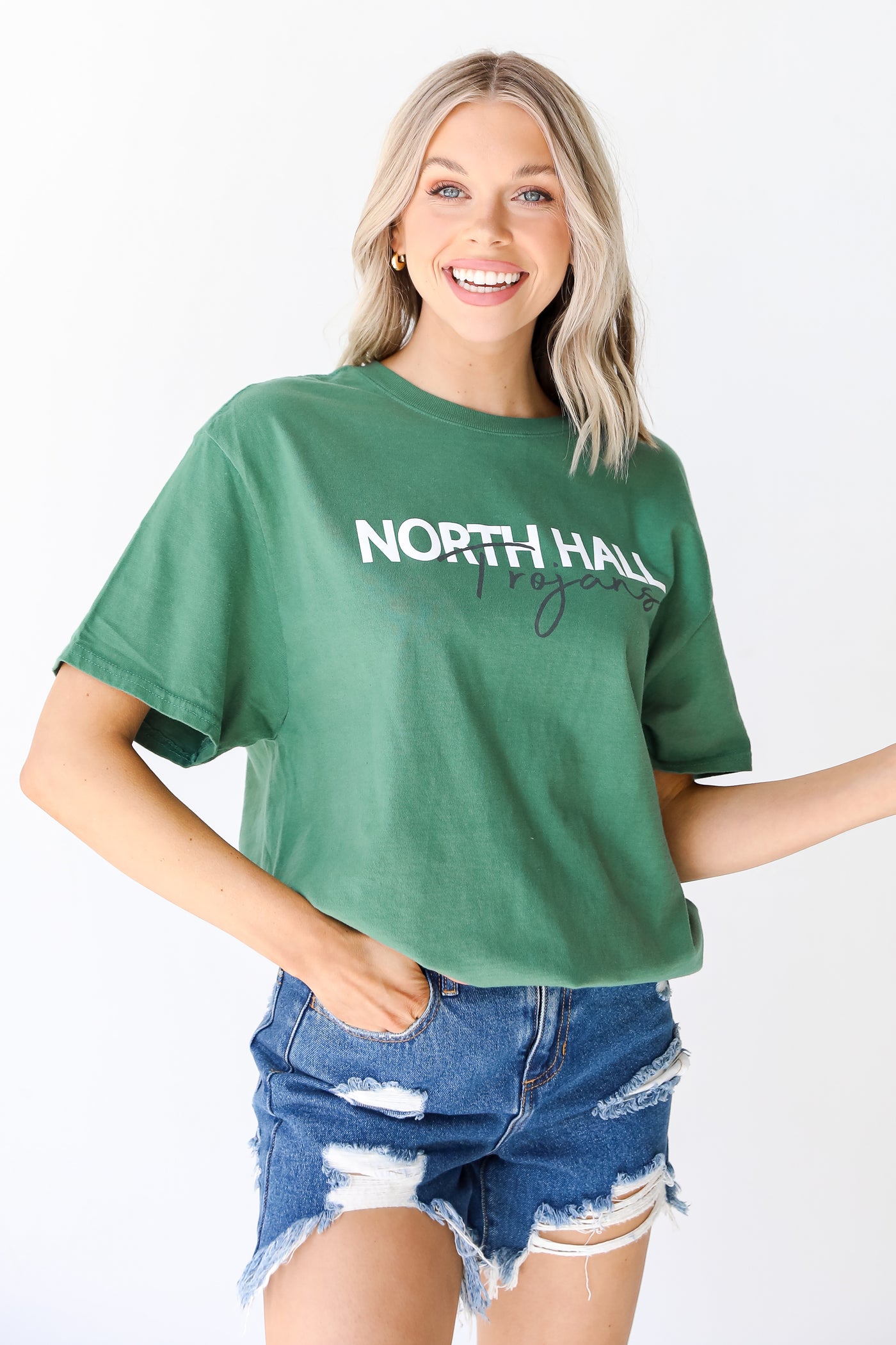 Green North Hall Trojans Tee front view