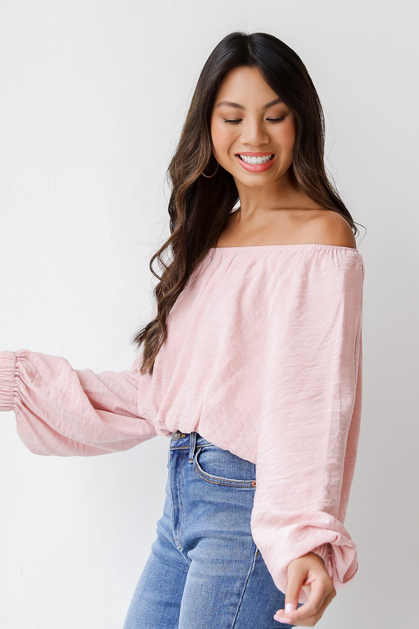 blush off the shoulder blouse side view