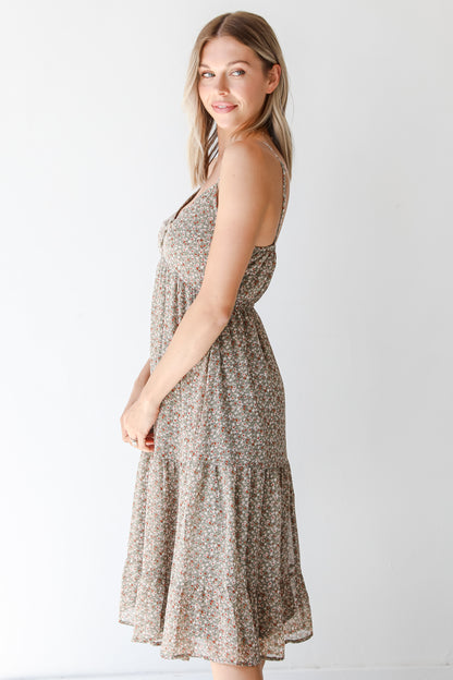 sage green floral midi dress side view