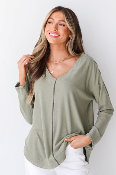 green Brushed Knit Top front view