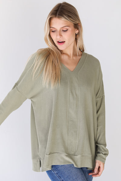 green Brushed Knit Top on dress up model