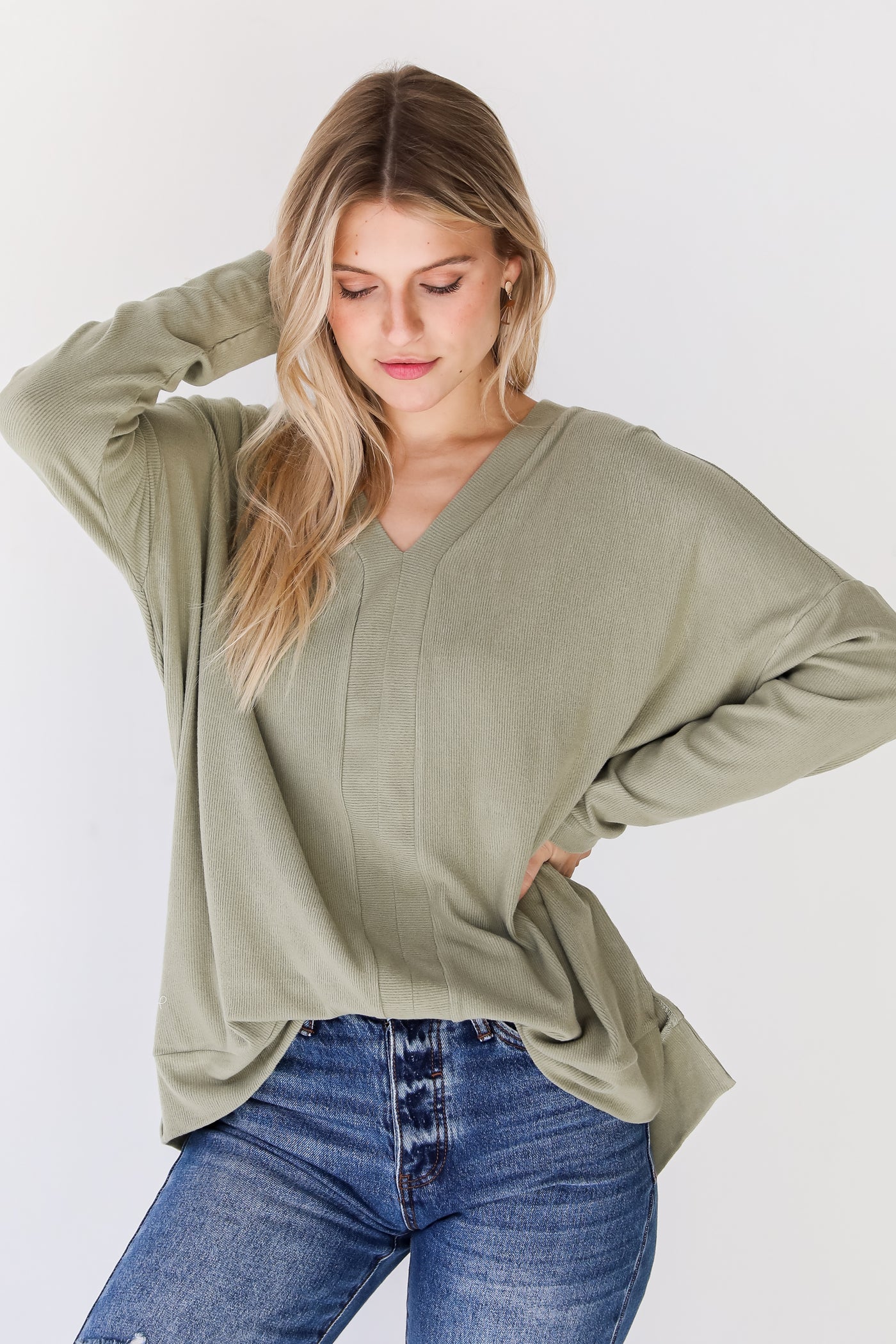 olive Brushed Knit Top front view