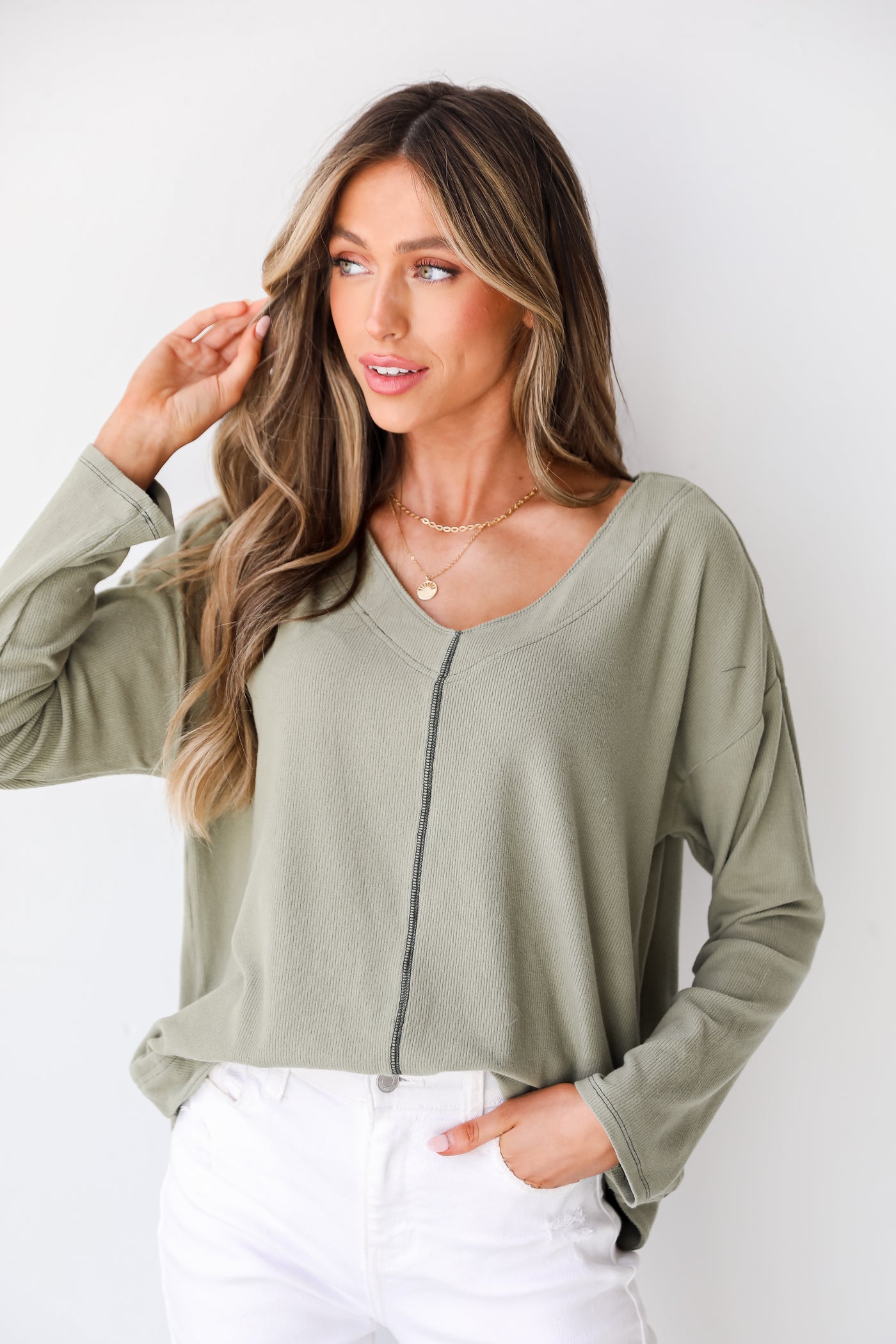 green Brushed Knit Top on model