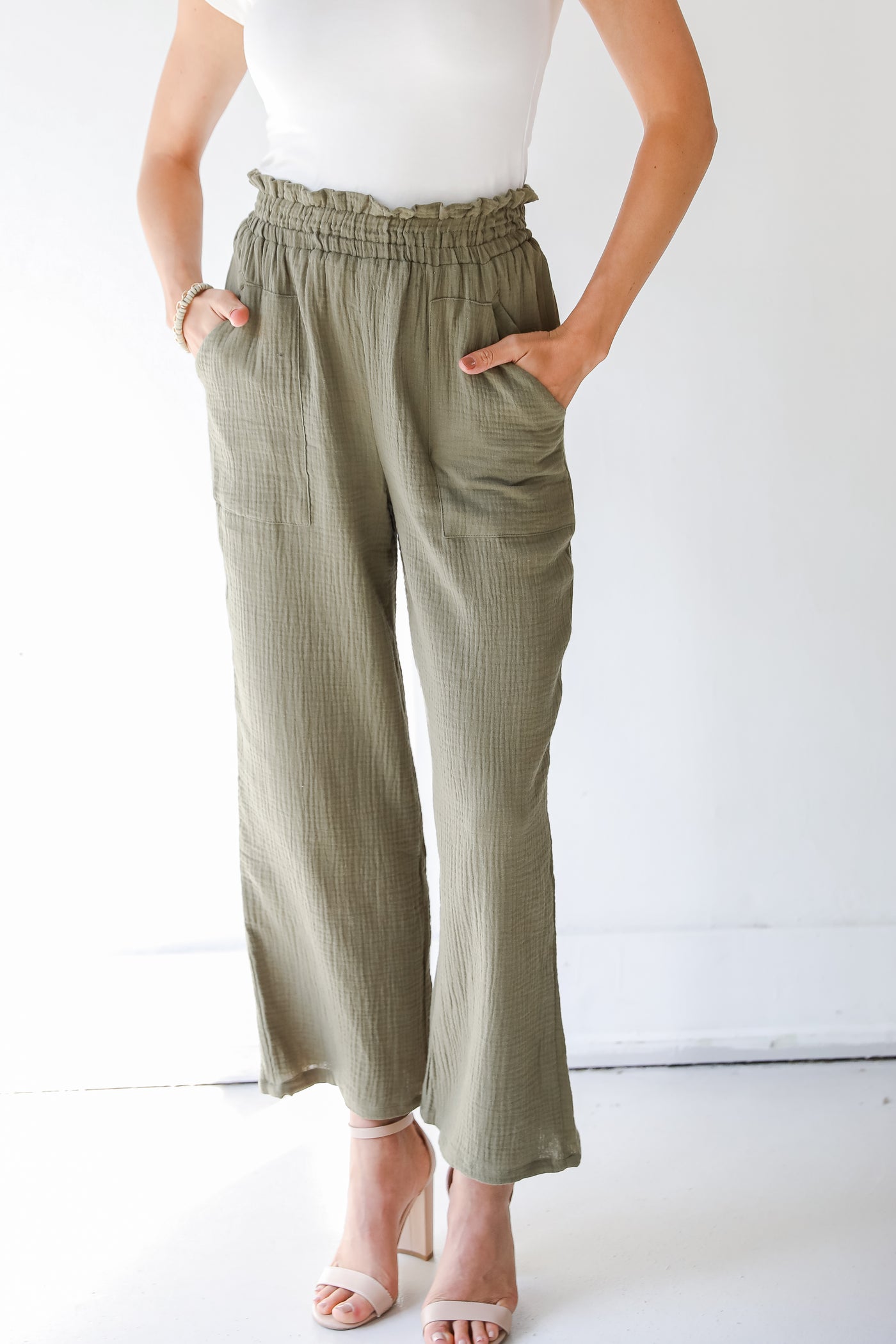 front view of olive linen pants