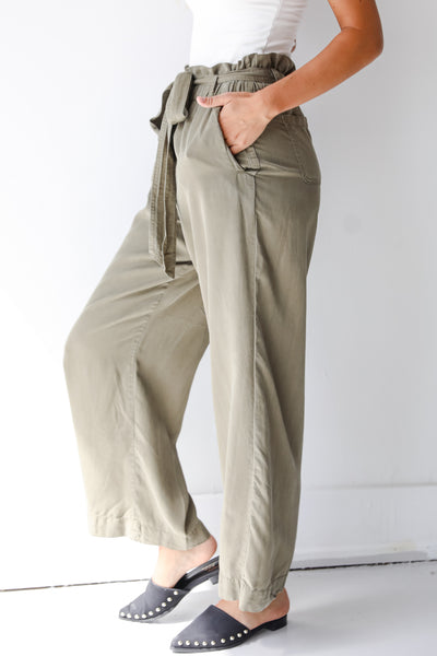 olive paperbag waist pants side view