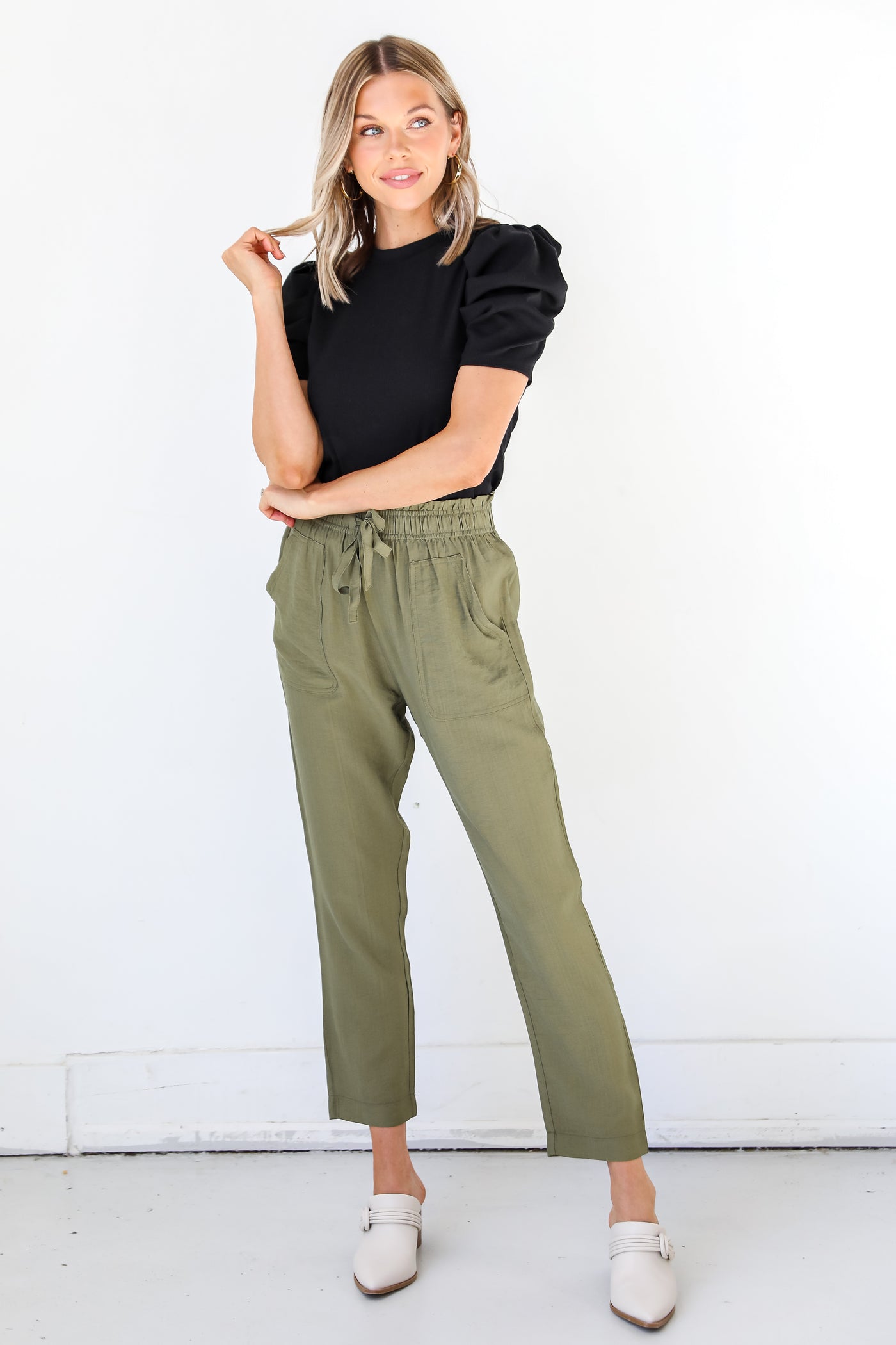 olive Paperbag Waist Pants front view