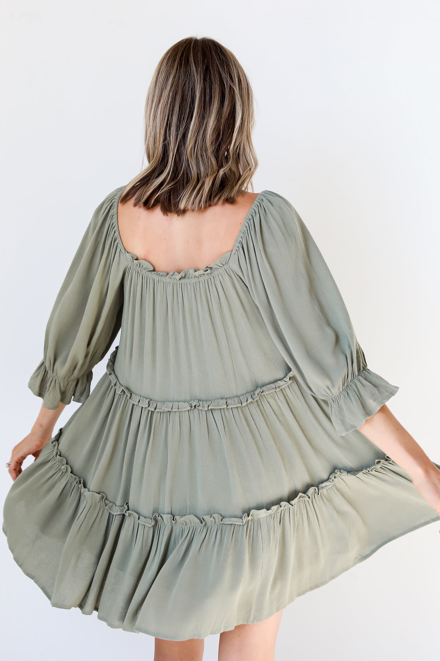 olive Tiered Mini Dress back view