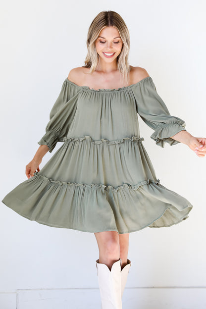 olive Tiered Mini Dress on dress up model