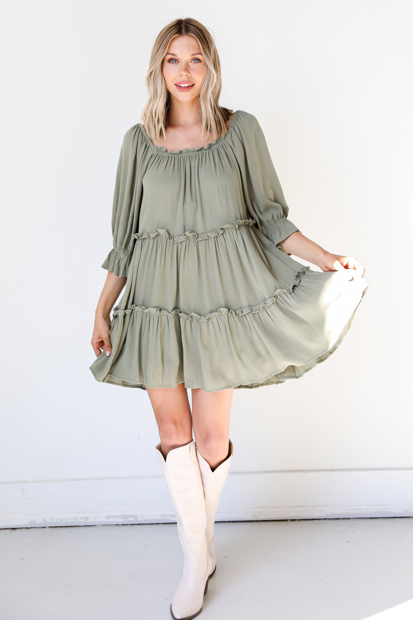 olive Tiered Mini Dress on model