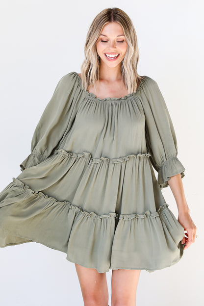 olive Tiered Mini Dress front view