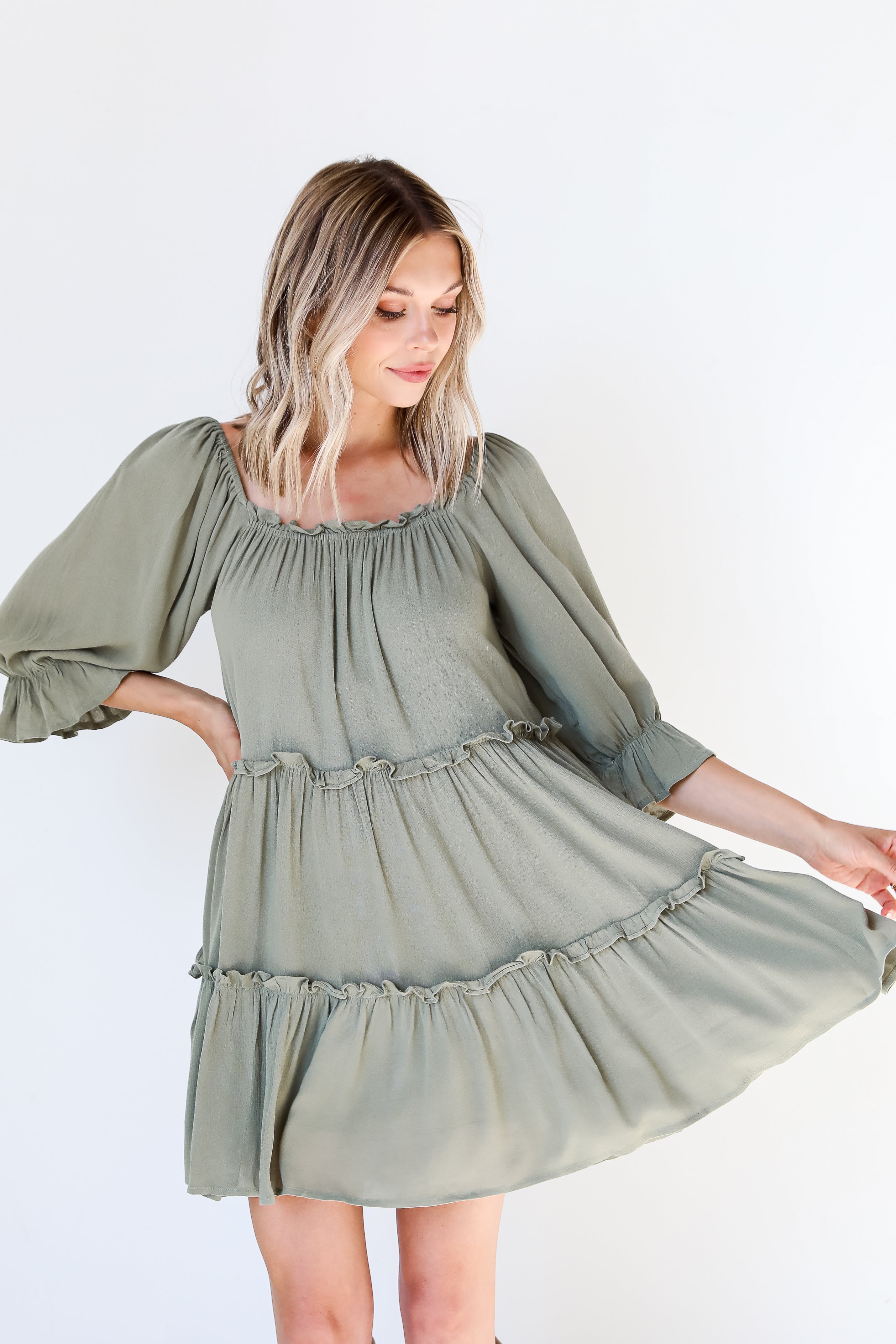 olive Tiered Mini Dress on dress up model