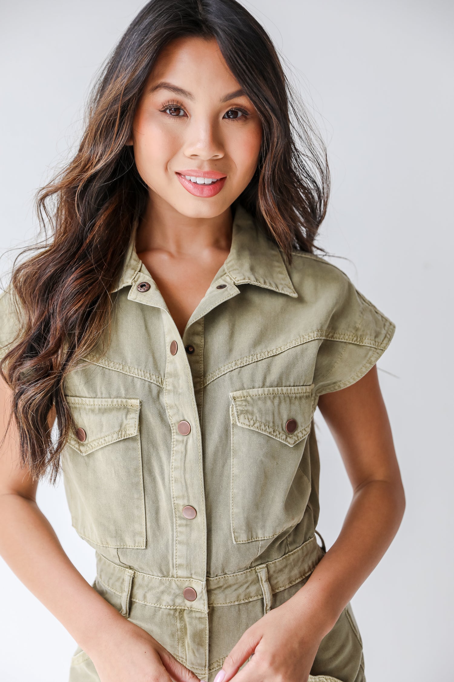 denim utility dress close up