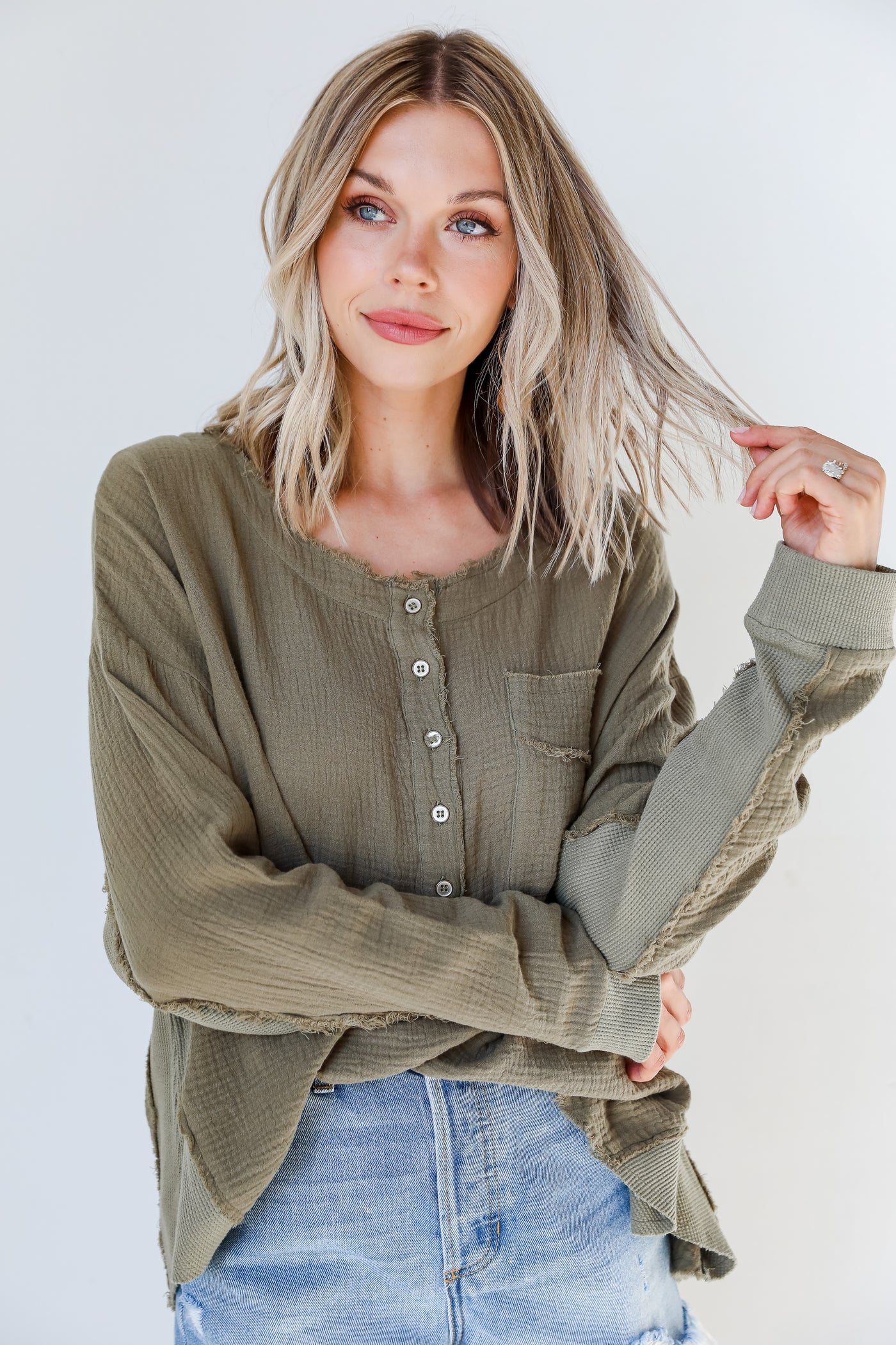 olive Waffle Knit Contrast Top