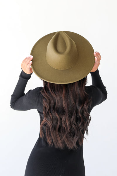 olive Wide Brim Fedora Hat on model