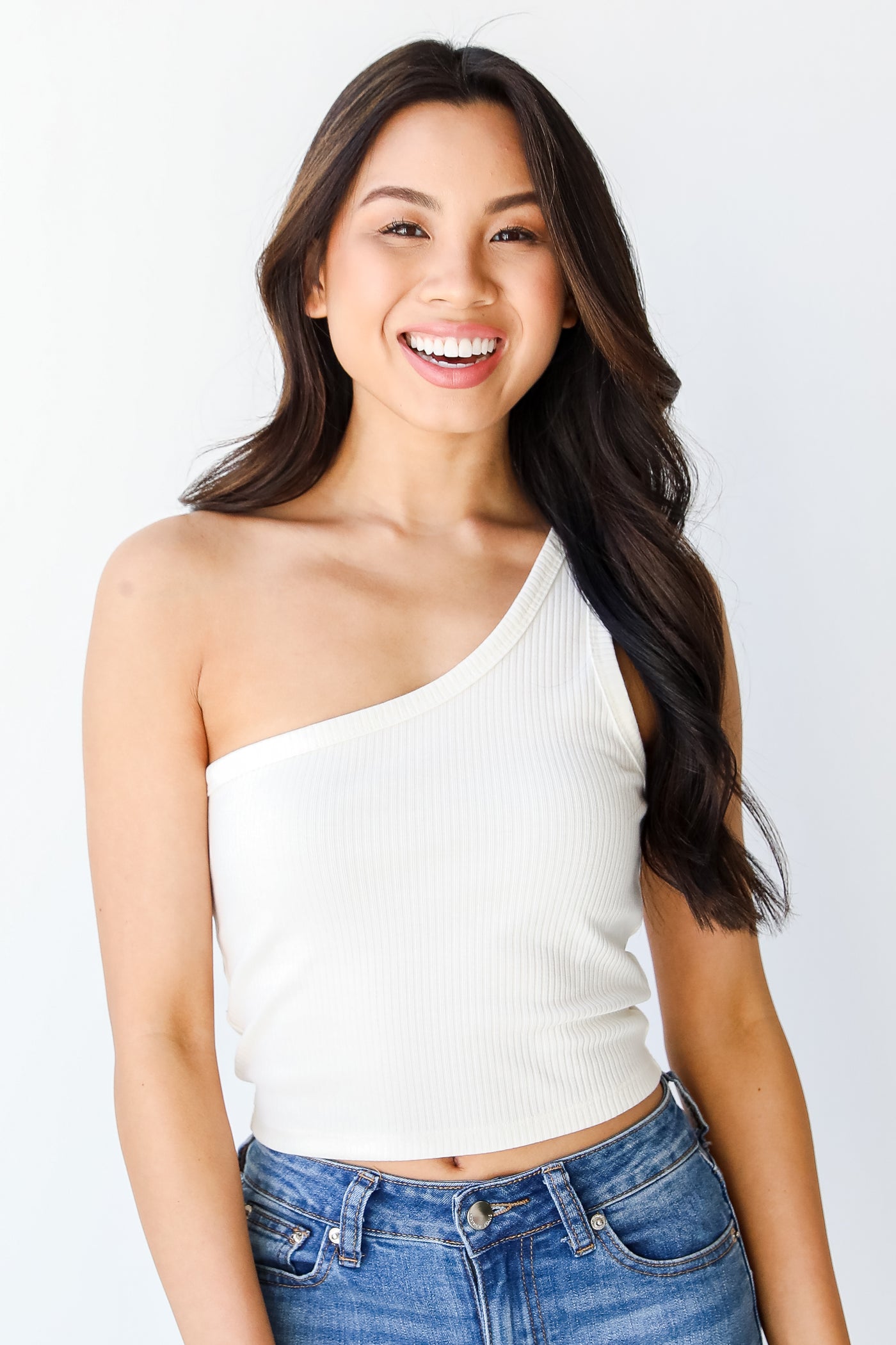 One-Shoulder Cropped Tank in ivory on model