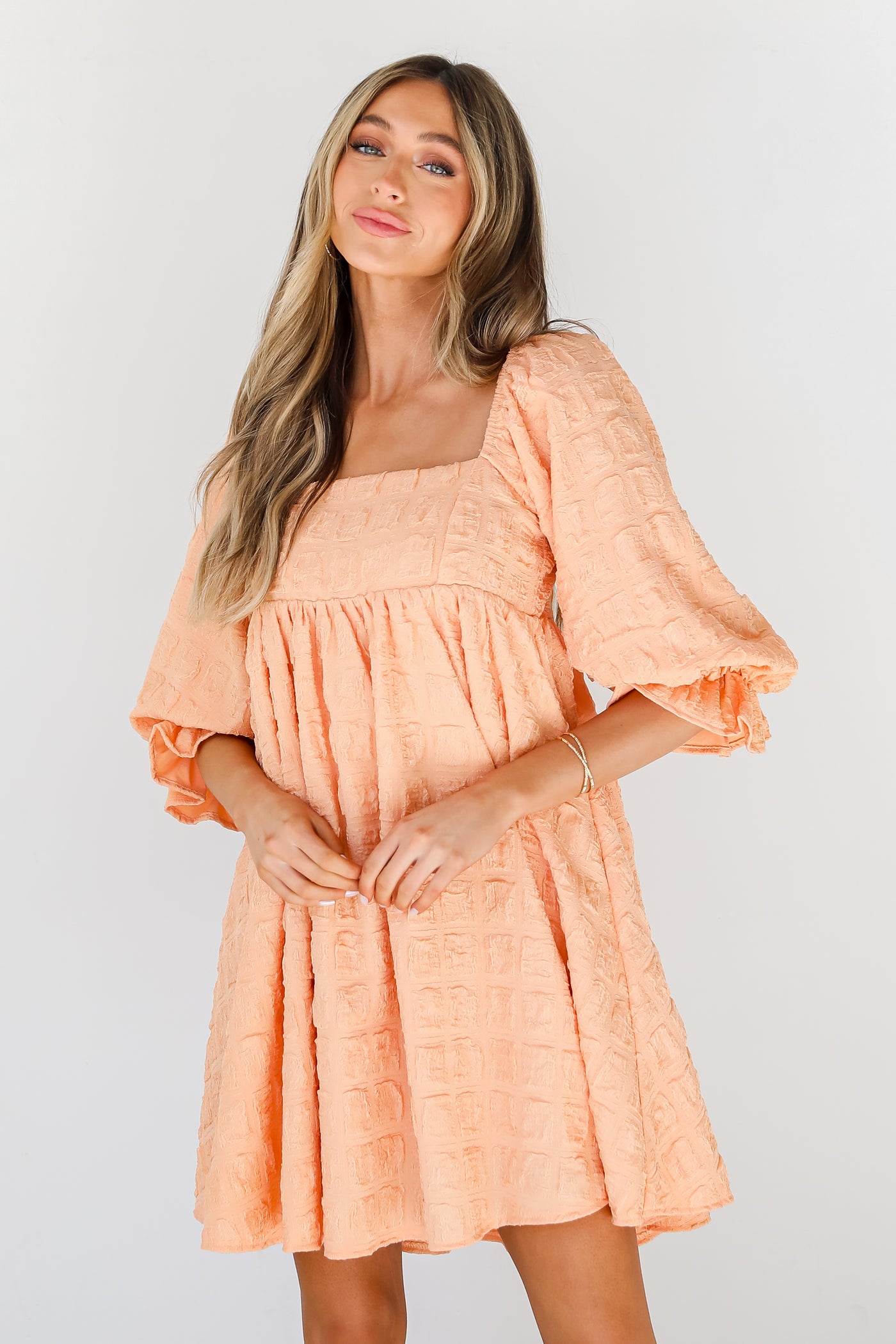 orange Babydoll Mini Dress on model