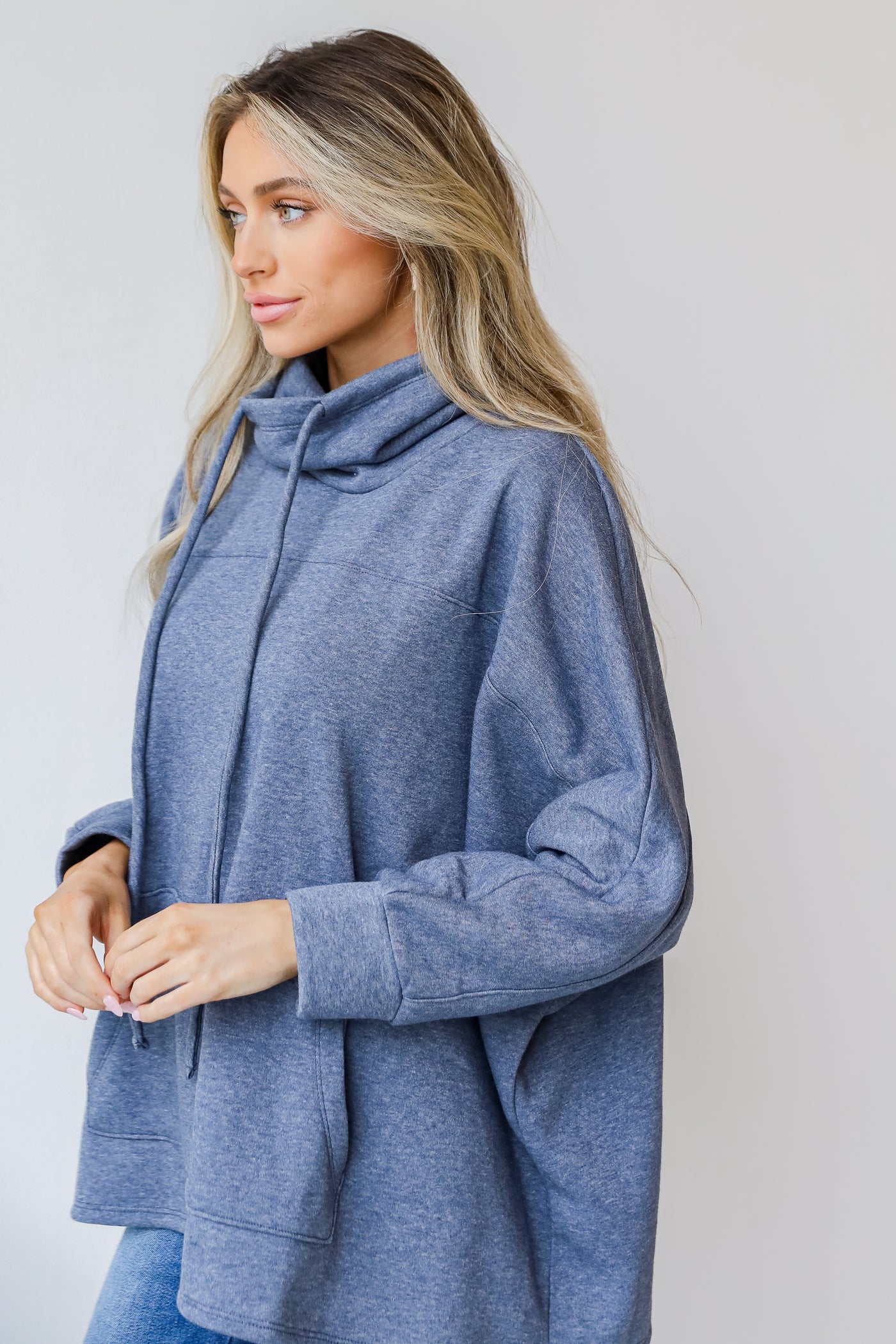 Cowl Neck Pullover in navy side view
