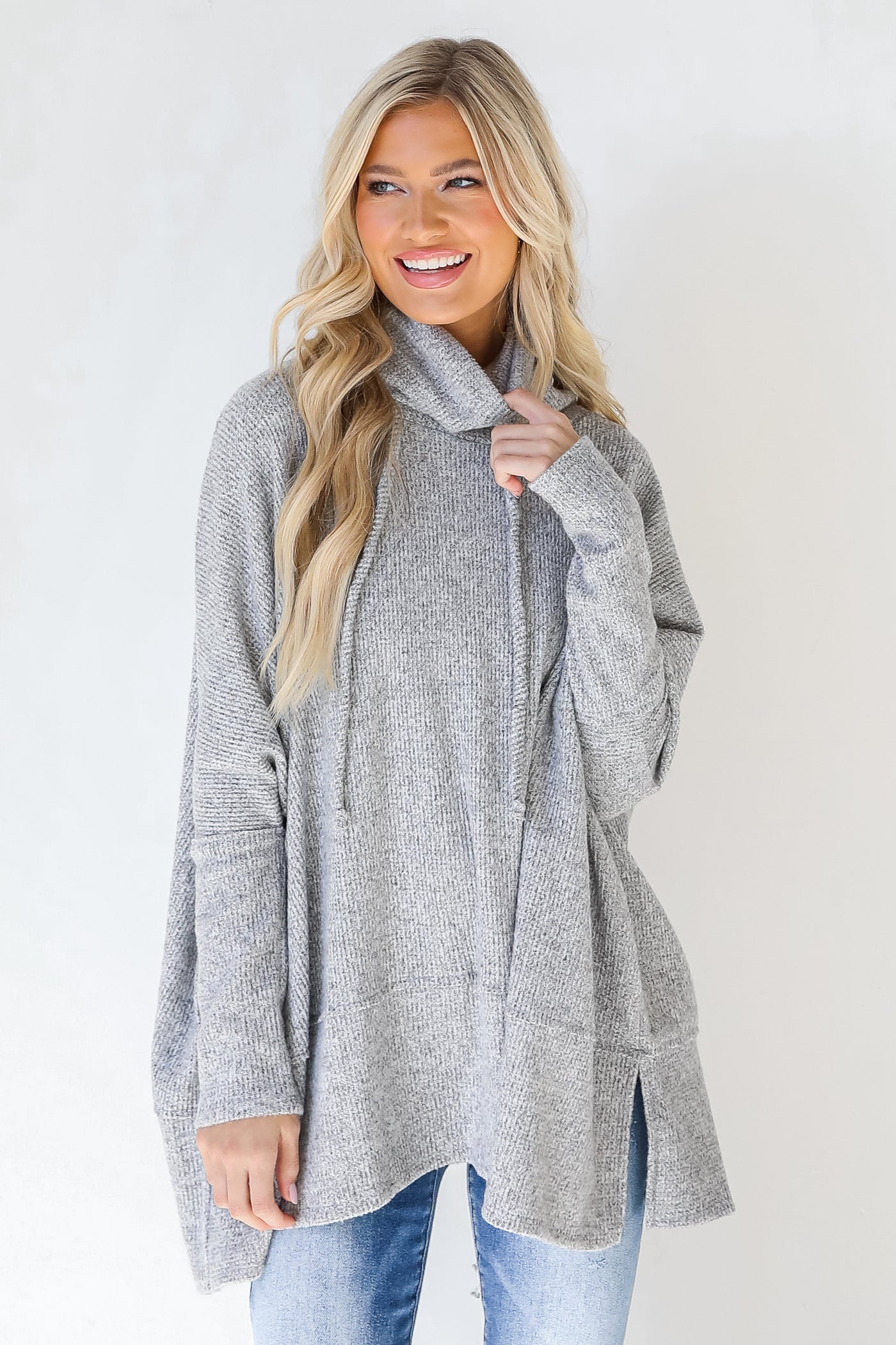 Oversized Cowl Neck Sweater in heather grey on model