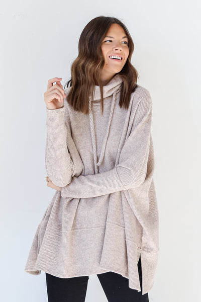 Oversized Cowl Neck Sweater in taupe front view