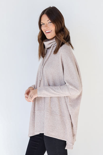 Oversized Cowl Neck Sweater in taupe side view