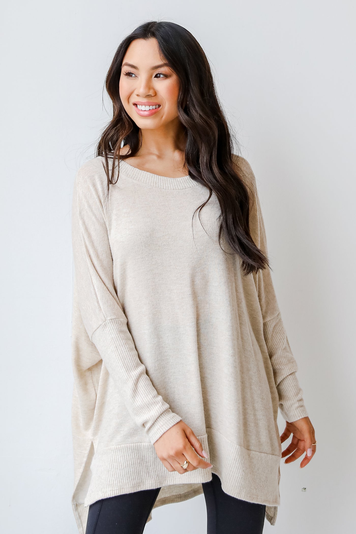 Brushed Knit Top in oatmeal front view