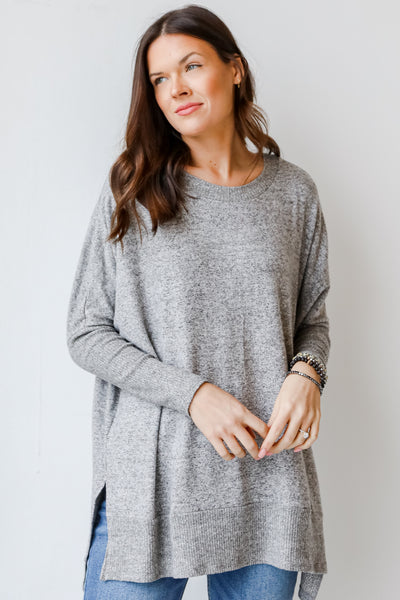 Brushed Knit Top in heather grey front view