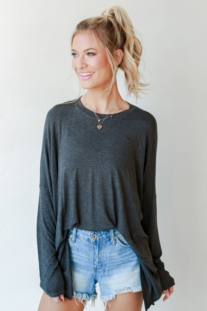 Oversized Jersey Knit Top in charcoal front view