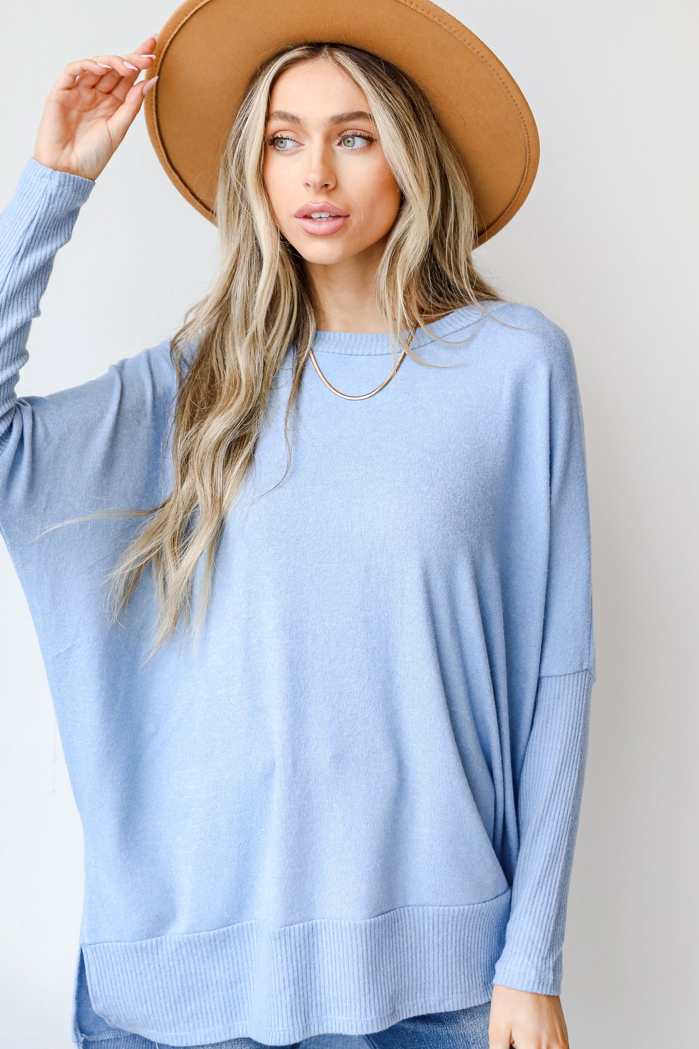 Brushed Knit Top in blue front view