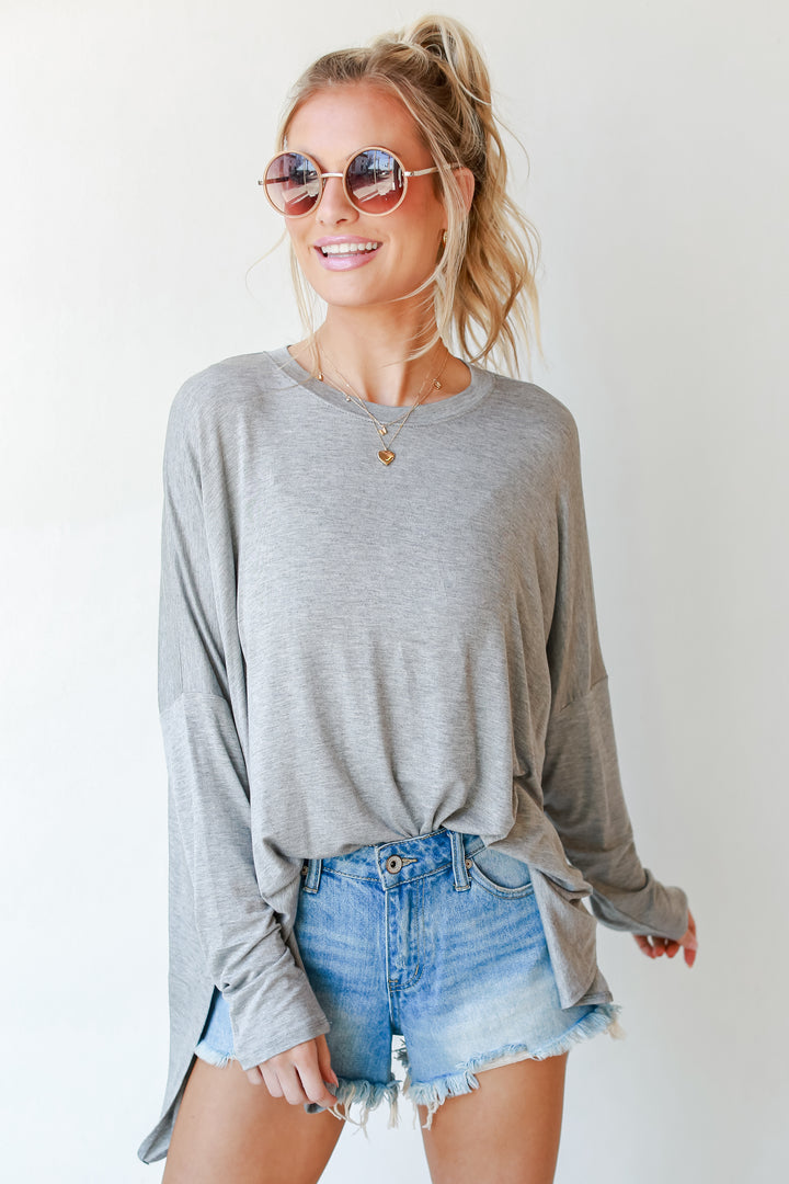 Oversized Jersey Knit Top in heather grey front view