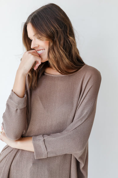 Lightweight Knit Top in mocha front view