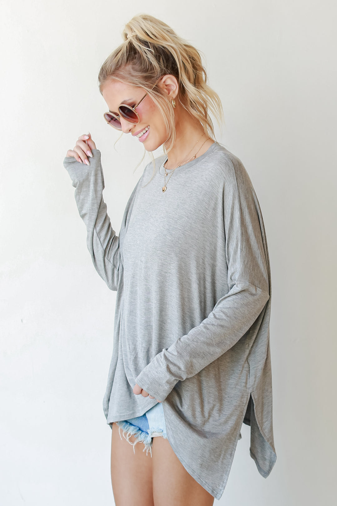 Oversized Jersey Knit Top in heather grey side view